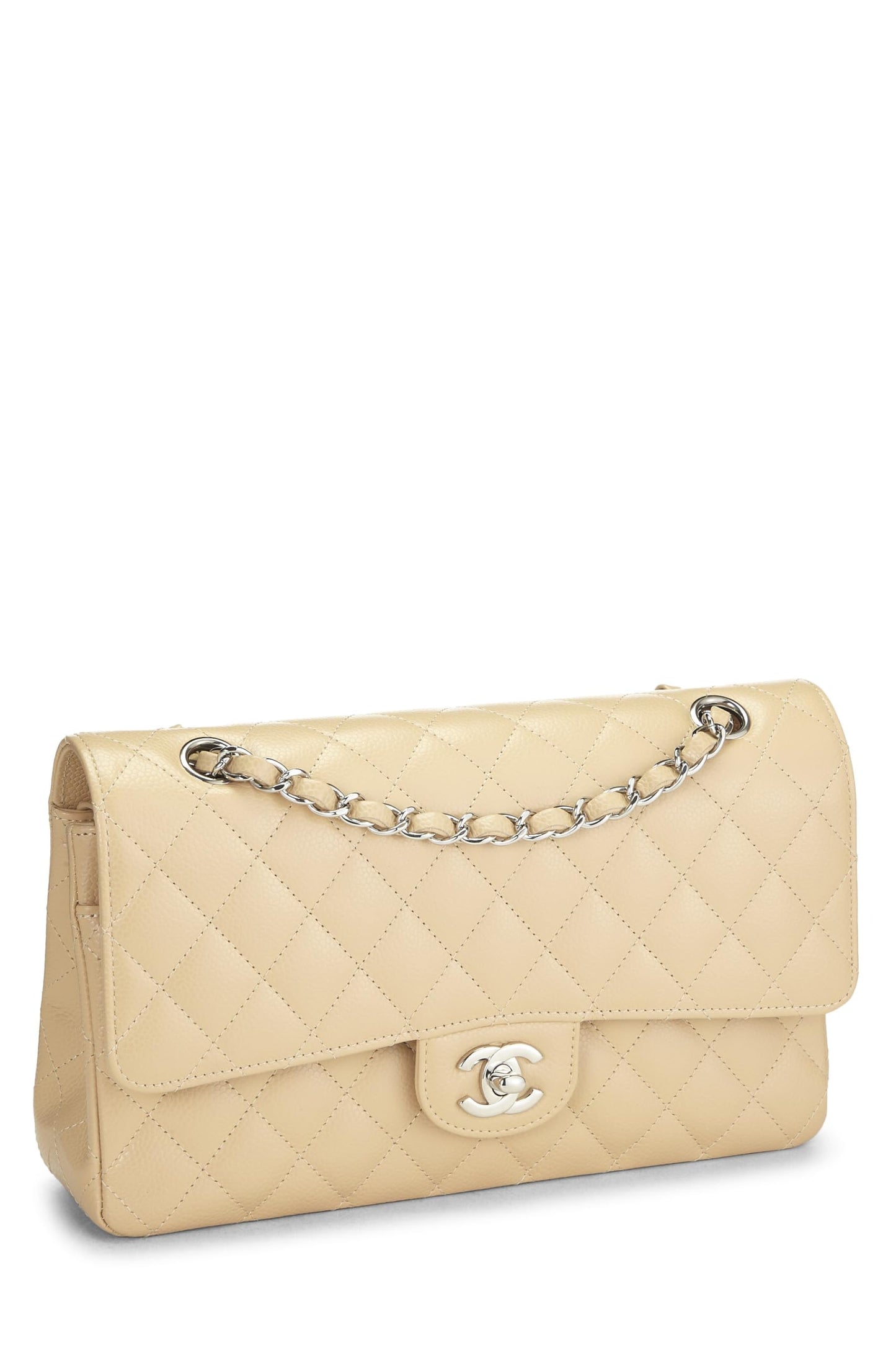 Chanel, Pre-Loved Caviar clásico acolchado beige con doble solapa mediana, Beige