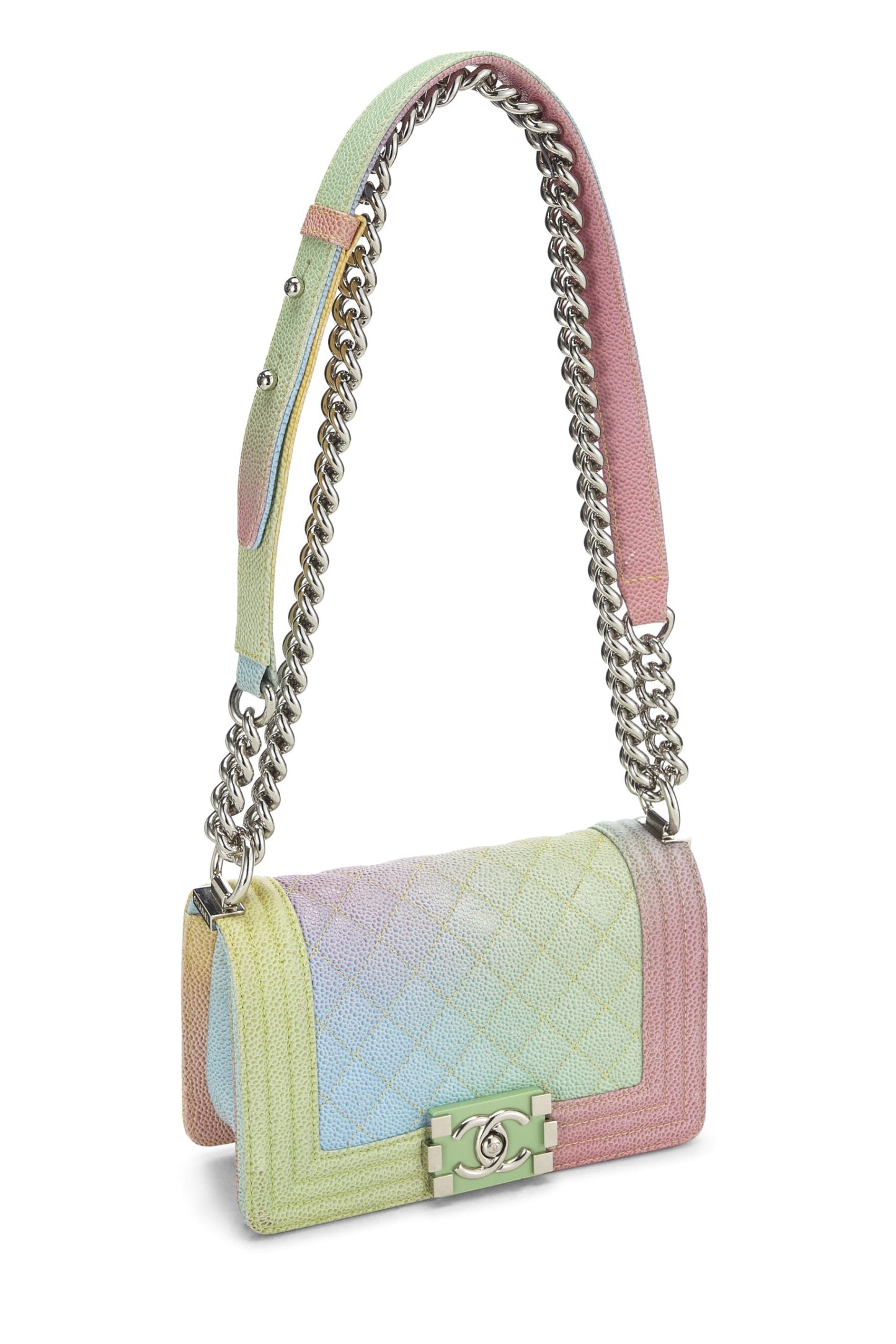 Chanel, sac à main Caviar Boy matelassé Rainbow Small, vert, d'occasion