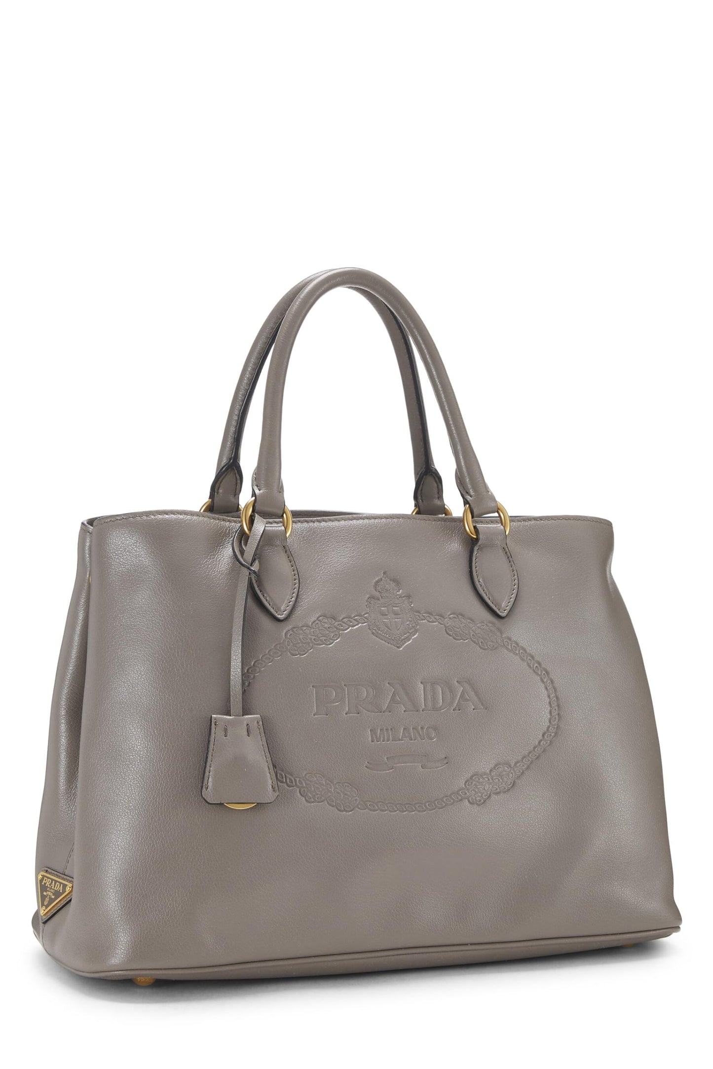 Prada, Bolso tote mediano con broche lateral y logotipo de piel de becerro gris Pre-Loved, Gris