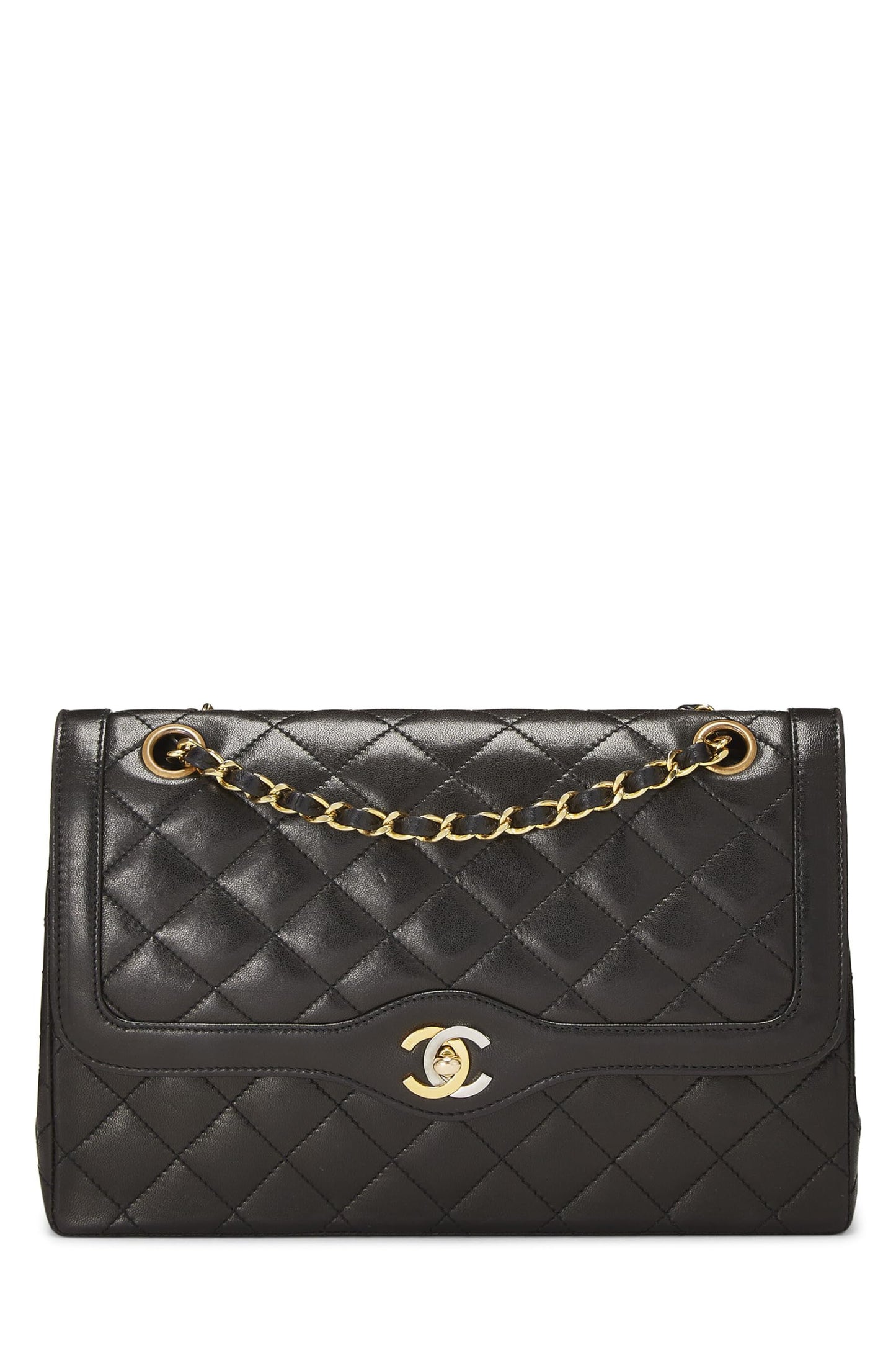 Chanel, sac à rabat double taille moyenne en cuir d'agneau matelassé noir Paris Limited, d'occasion, noir