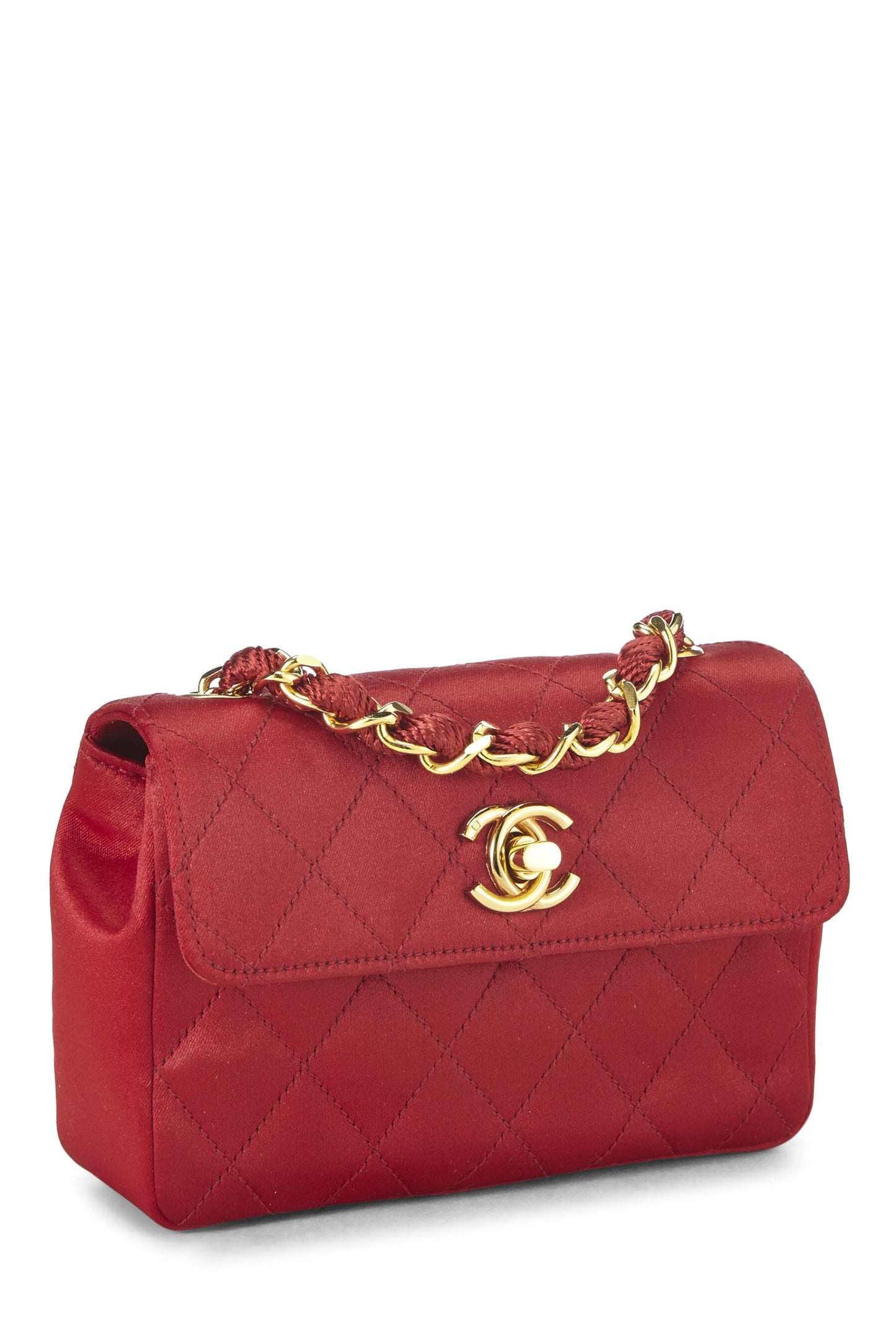 Chanel, Micro con media solapa de satén acolchado rojo Pre-Loved, Rojo