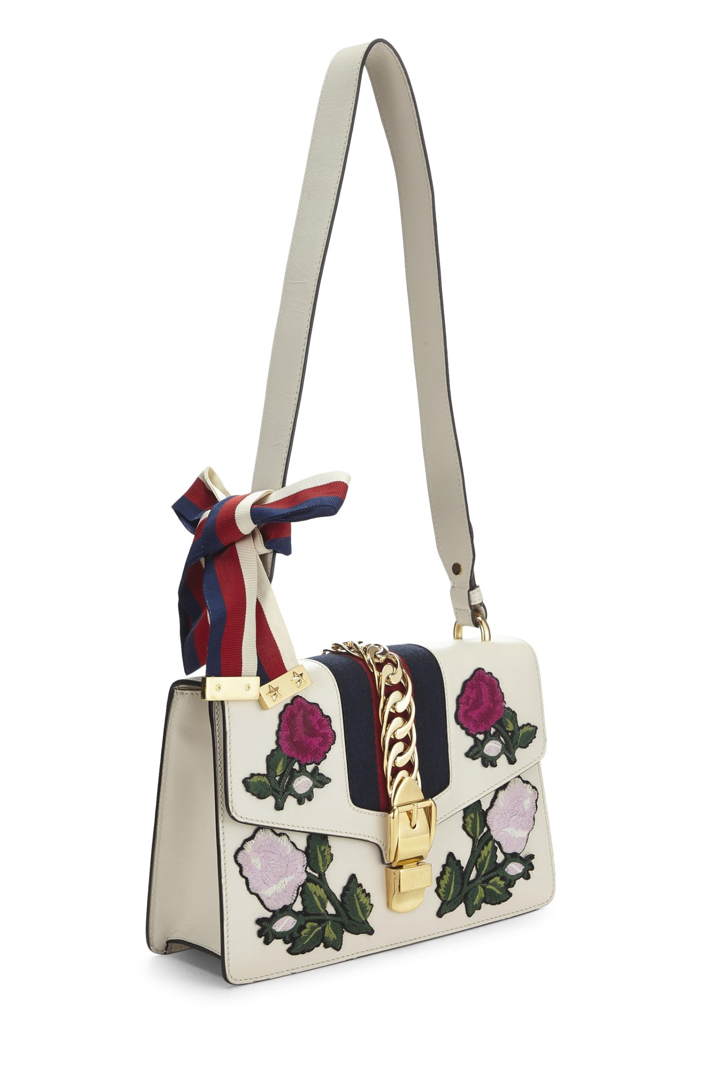 Gucci, petit sac bandoulière Sylvie en cuir blanc brodé d'occasion, blanc