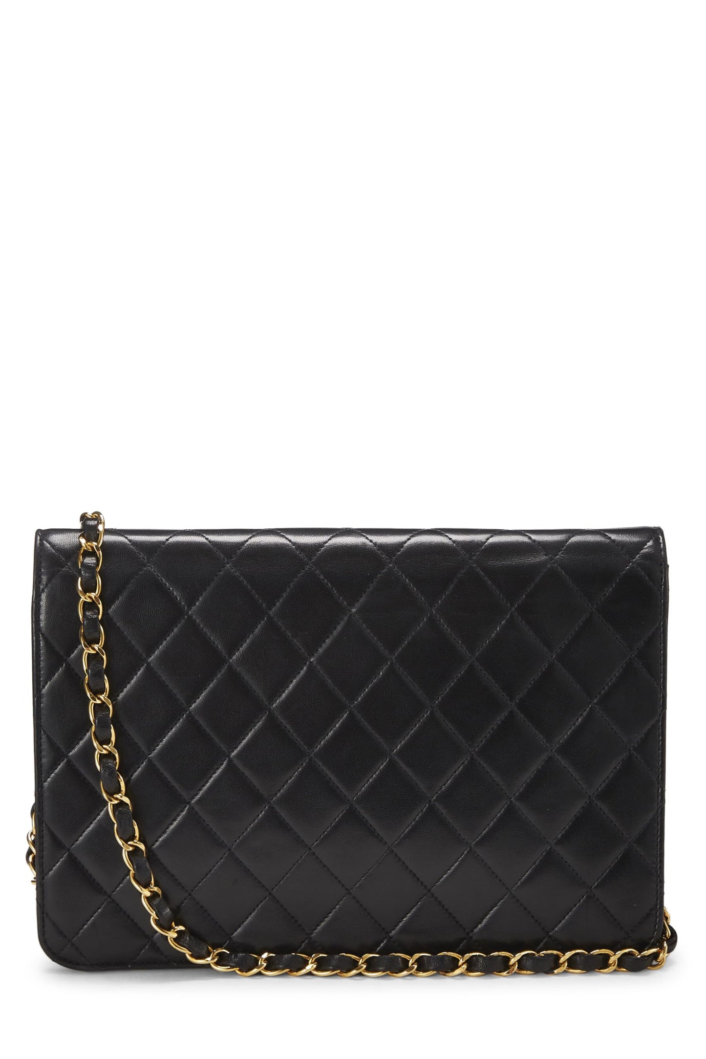 Chanel, sac à rabat matelassé en cuir d'agneau noir de taille moyenne, d'occasion, noir