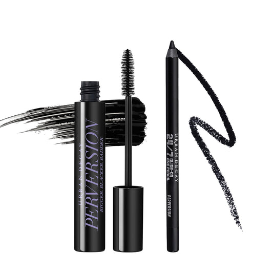 Coffret de maquillage Urban Decay Perversion Volumizing Black Mascara et Black Eyeliner Pencil – Mascara allongeant et épaississant pour les cils + Crayon Eyeliner 24/7 Glide-On (noir mat) – Kit complet