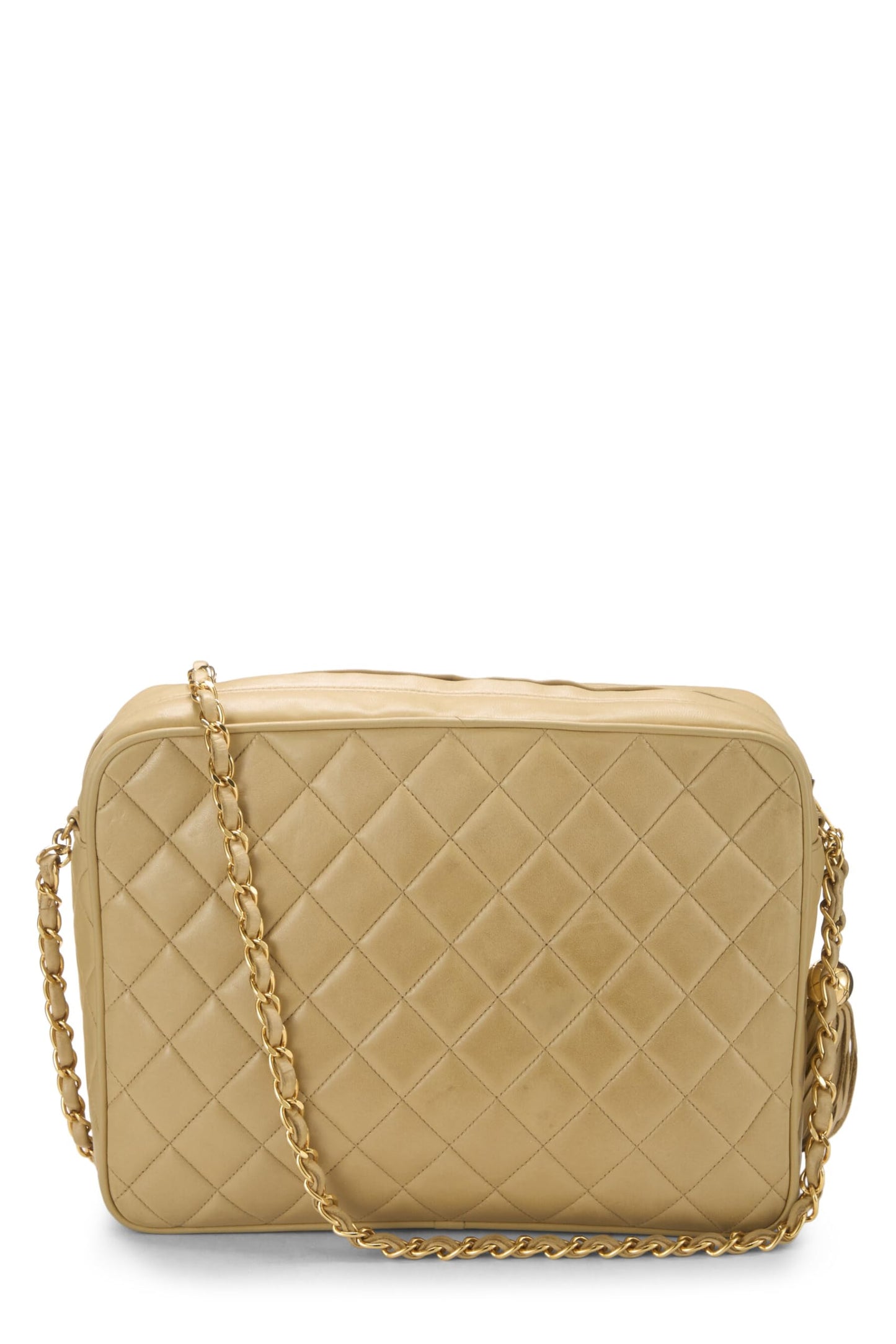 Chanel, Bolso para cámara grande con bolsillo acolchado en piel de cordero beige Pre-Loved, Beige