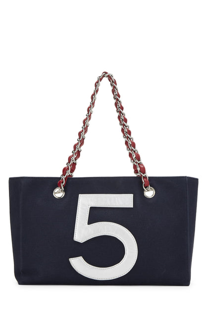 Chanel, Tote shopper metalizado No.5 de cuero y lona azul marino Pre-Loved, Azul marino