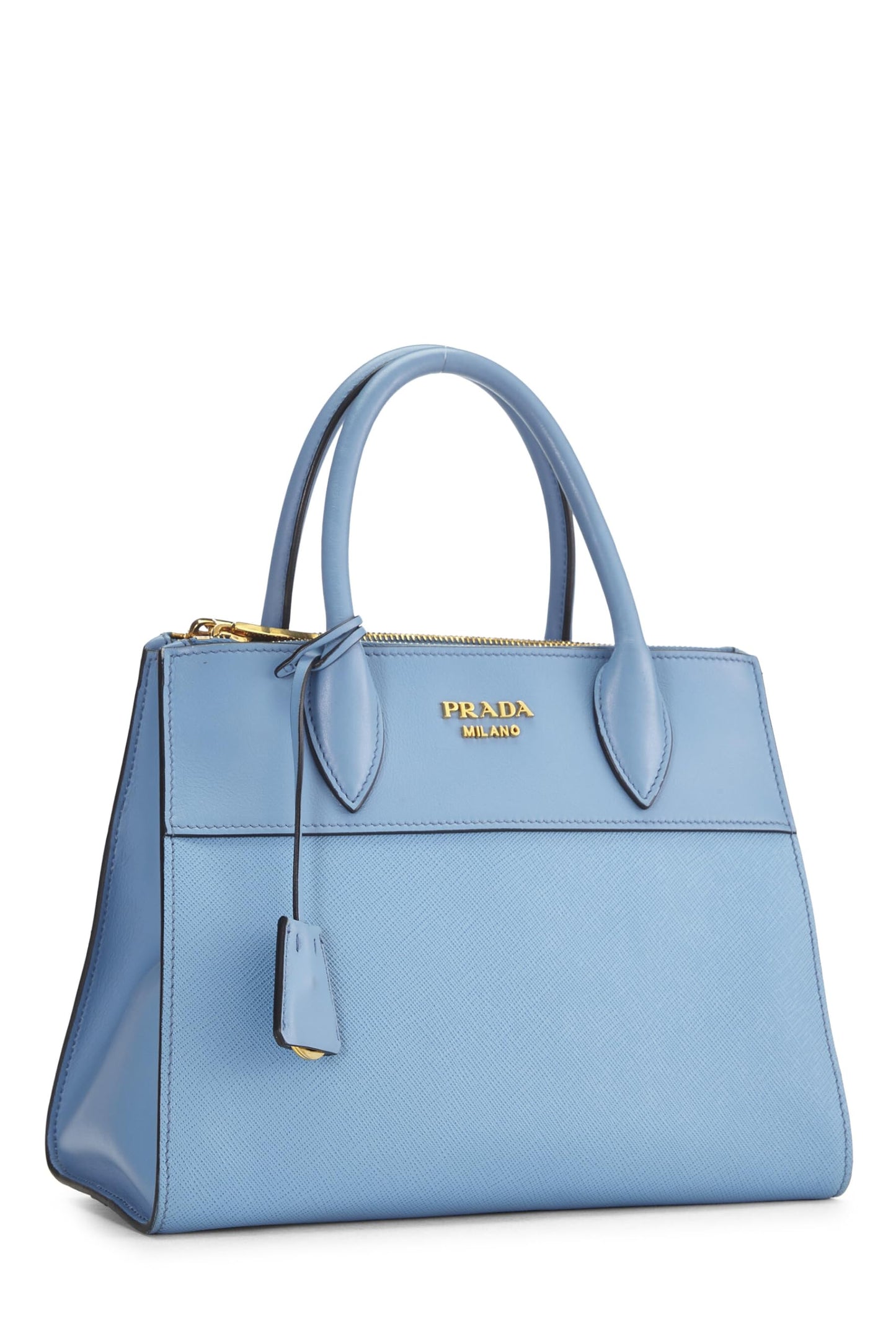 Prada, sac Paradigme en cuir Saffiano bleu d'occasion, petit modèle, bleu