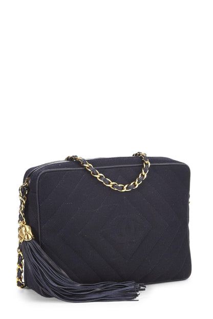 Chanel, sac photo « CC » en laine bleu marine d'occasion, taille moyenne, bleu marine