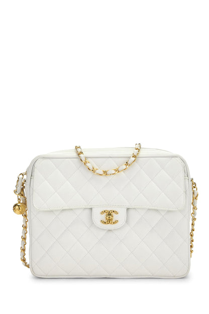 Chanel, Pre-Loved White Quilted Caviar Pocket Camera Bag Medium, White