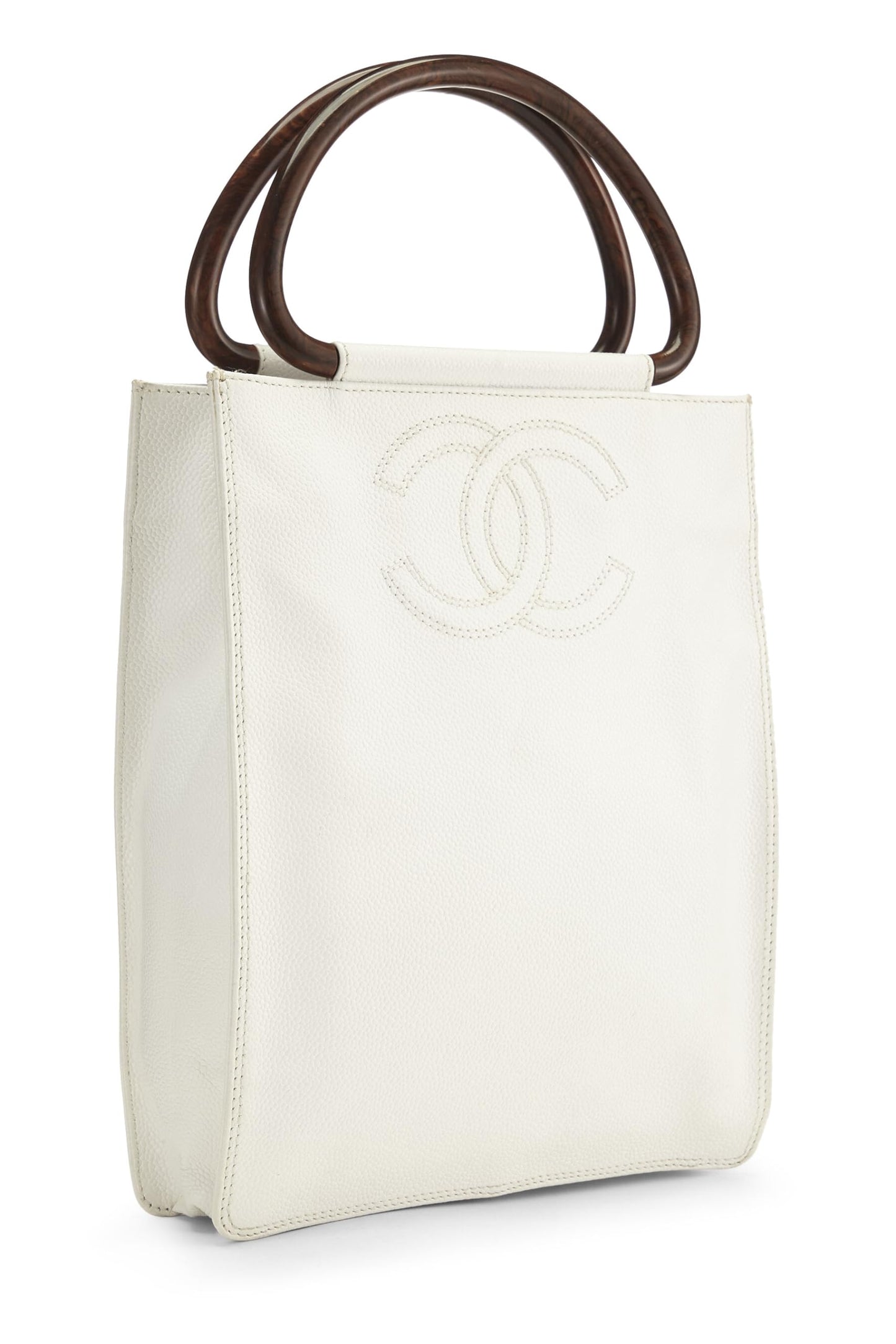 Chanel, Bolso con asa superior de madera de caviar blanco Pre-Loved, Blanco