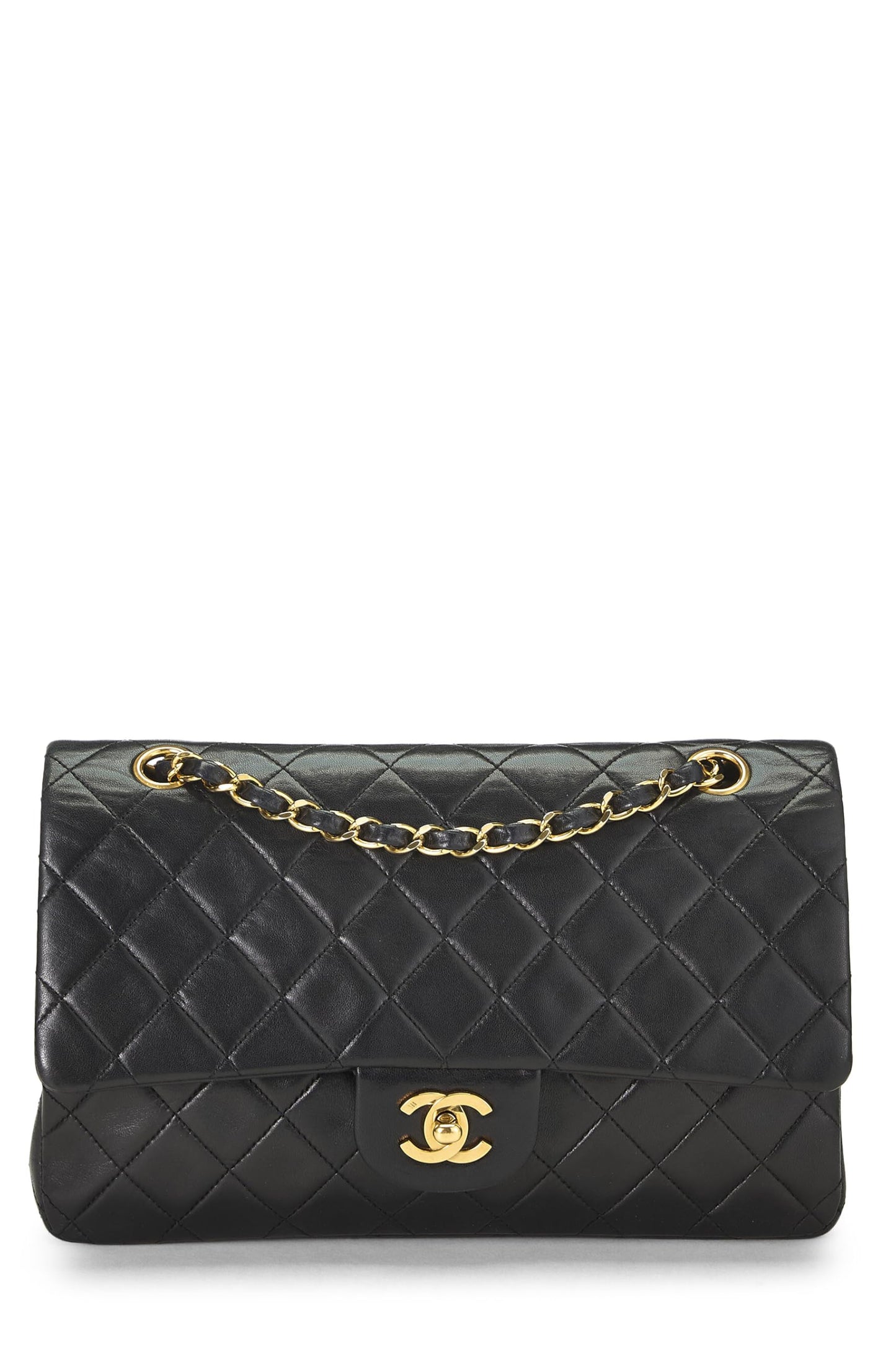 Chanel, Solapa doble clásica de piel de cordero acolchada negra Pre-Loved Mediana, Negro