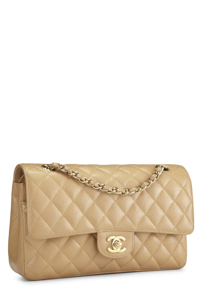 Chanel, sac à rabat double classique matelassé beige caviar d'occasion, taille M, beige