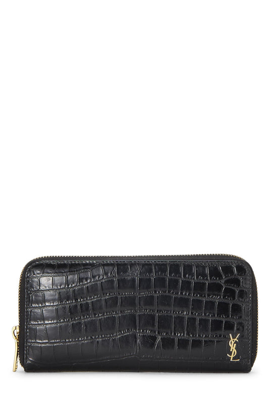 Yves Saint Laurent, Cartera continental con cremallera alrededor de cuero repujado en negro Pre-Loved, Negro