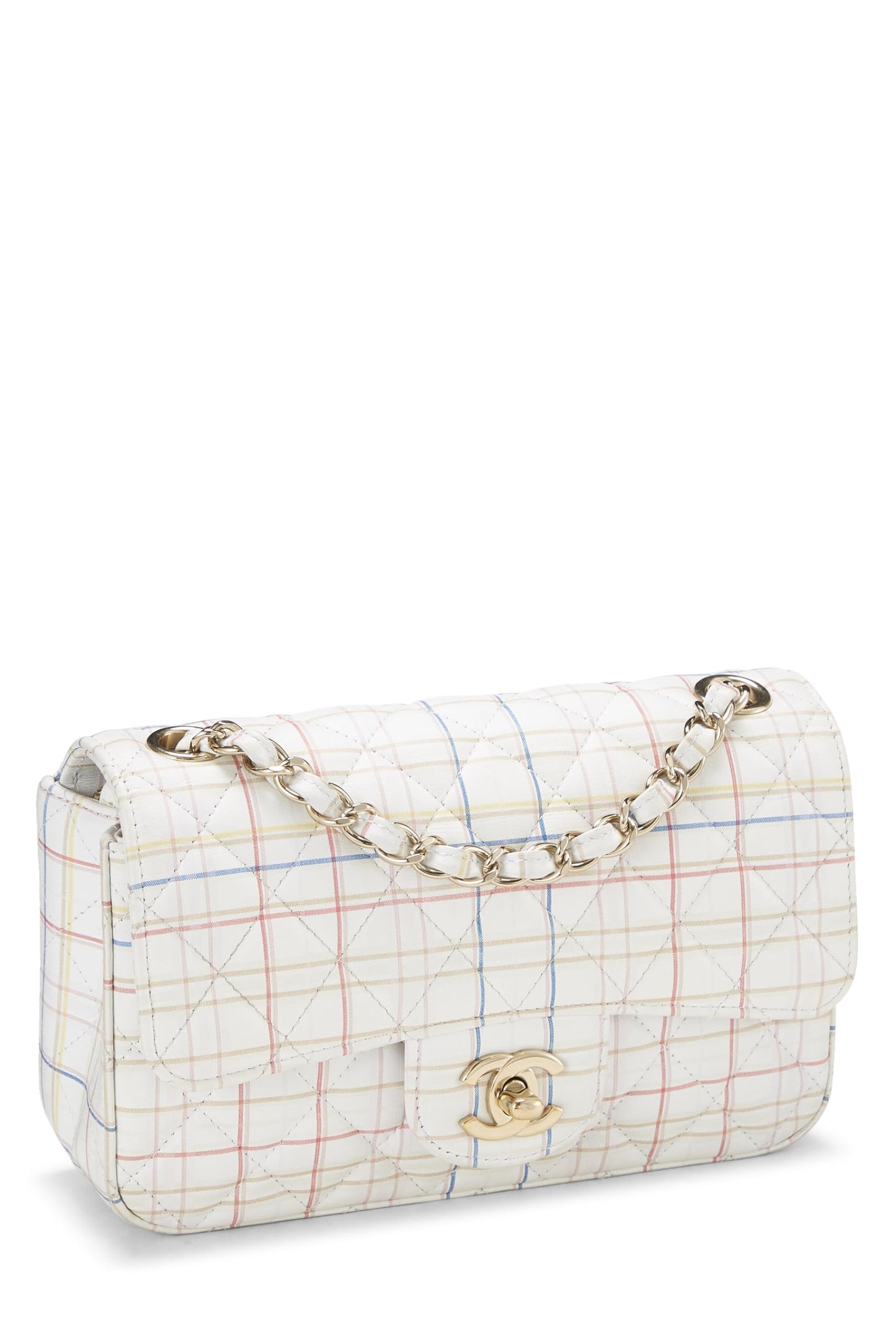 Chanel, Mini sac à rabat rectangulaire en cuir de veau à carreaux blanc et multicolore d'occasion, multicolore