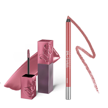 Coffret de maquillage pour les lèvres Glossy Nude d'URBAN DECAY – Crayon à lèvres 24/7 Glide-On (Mauve Rose) + Rouge à lèvres liquide longue tenue Vice Lip Bond (Nude Pink) – Kit complet