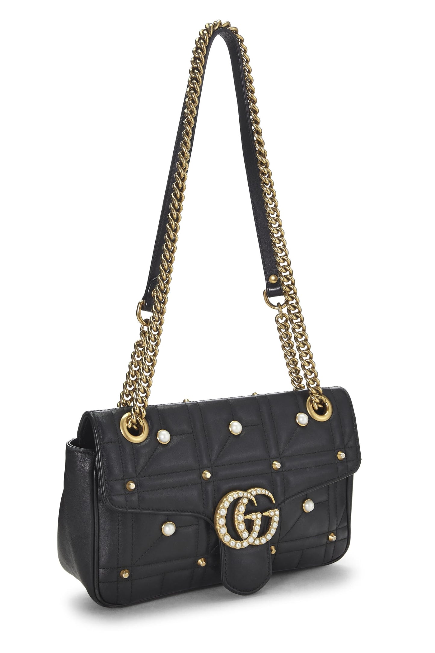 Gucci, sac à bandoulière GG Marmont en cuir noir et fausses perles, petit modèle, noir