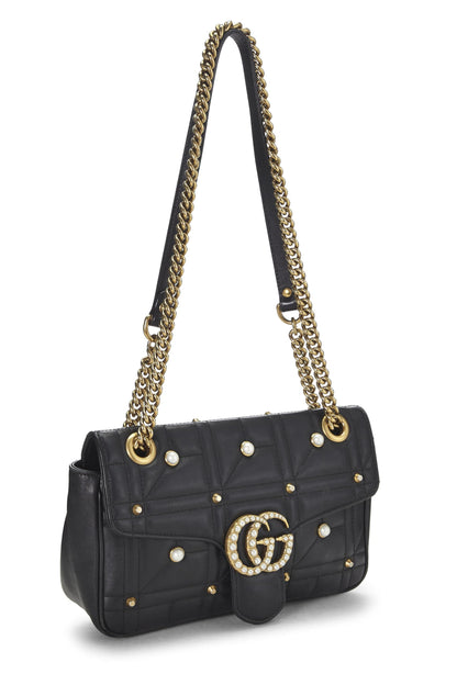 Gucci, Bolso de hombro pequeño GG Marmont de cuero negro y perlas de imitación Pre-Loved, Negro