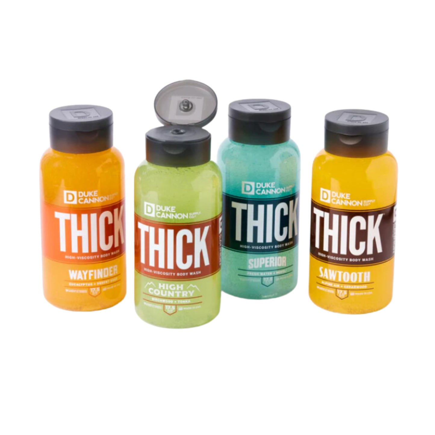 Gel de baño de alta viscosidad THICK para hombres de Duke Cannon Supply Co., variedad Scent Seeker, paquete de 4, ingredientes de primera calidad, espesantes de origen vegetal, espuma superior, exfoliante natural, 17,5 onzas líquidas (paquete de 4)