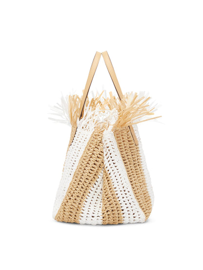 Oscar de la Renta, Medium Striped Raffia Crochet Square Tote, Natural White