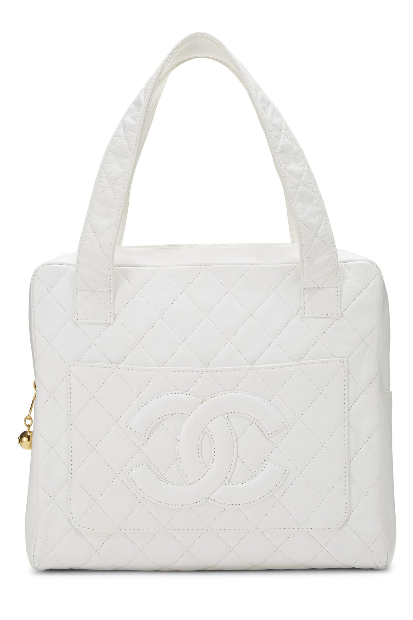 Chanel, Pre-Loved White Quilted Lambskin Top Handle Tote Mini, White