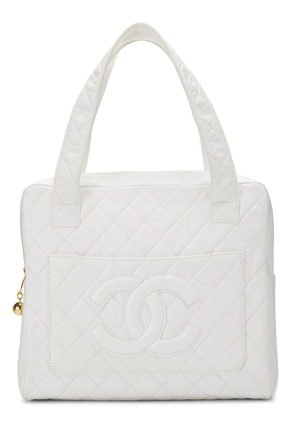 Chanel, Mini sac fourre-tout à poignée supérieure en cuir d'agneau matelassé blanc d'occasion, blanc