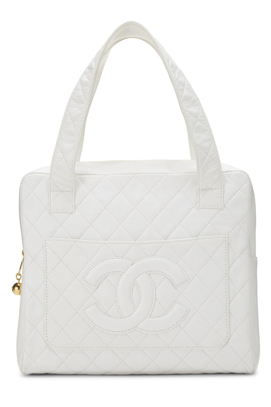 Chanel, Mini sac fourre-tout à poignée supérieure en cuir d'agneau matelassé blanc d'occasion, blanc