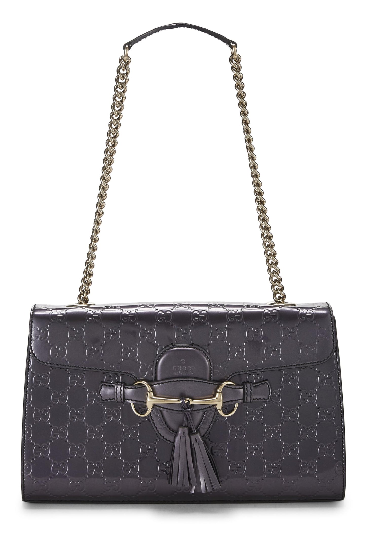 Gucci, sac à bandoulière en cuir verni violet Guccissima Emily d'occasion, violet