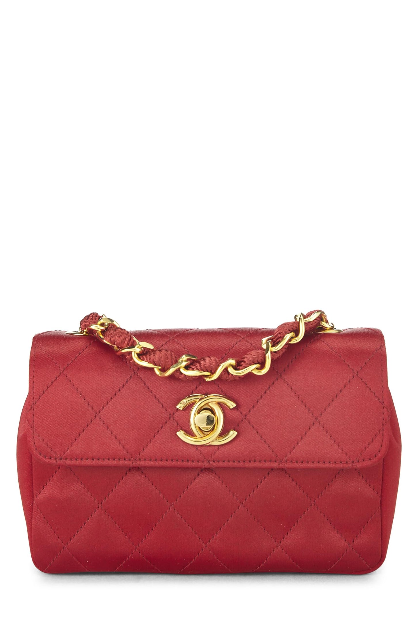 Chanel, Micro con media solapa de satén acolchado rojo Pre-Loved, Rojo