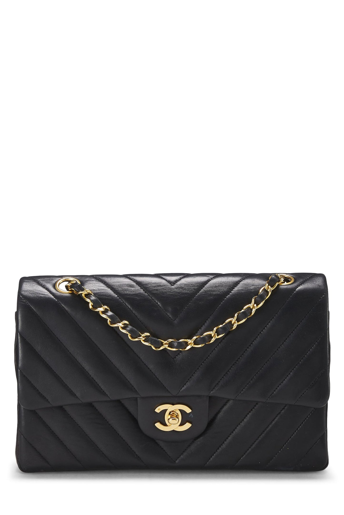 Chanel, sac à main classique à double rabat en cuir d'agneau à chevrons noir de taille moyenne, noir