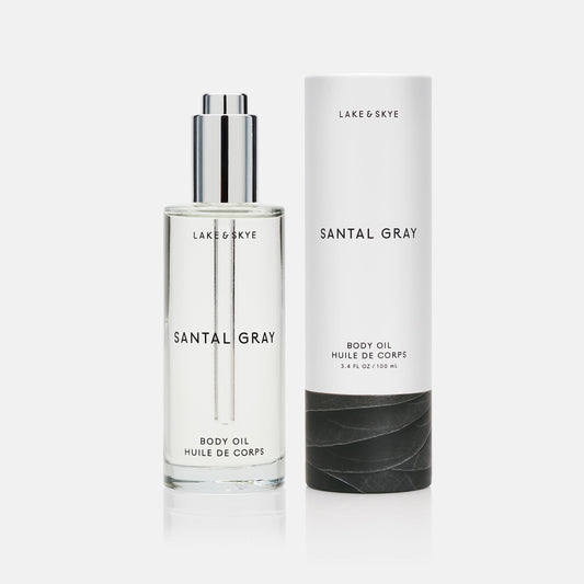 Huile corporelle Santal Gray de Lake &amp; Skye, 100 ml (3,4 fl oz), hydratante avec de la vitamine E et de l'huile d'amande douce - Parfum aromatique, boisé et épicé