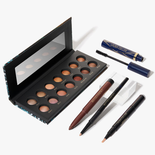 Coffret Lifted Lids de LAURA GELLER NEW YORK - Holiday - Palette de fards à paupières The Delectables + Kajal Liner, brun foncé + Eyeliner INKcredibles + Eye Spackle + Mascara Waterproof Always There