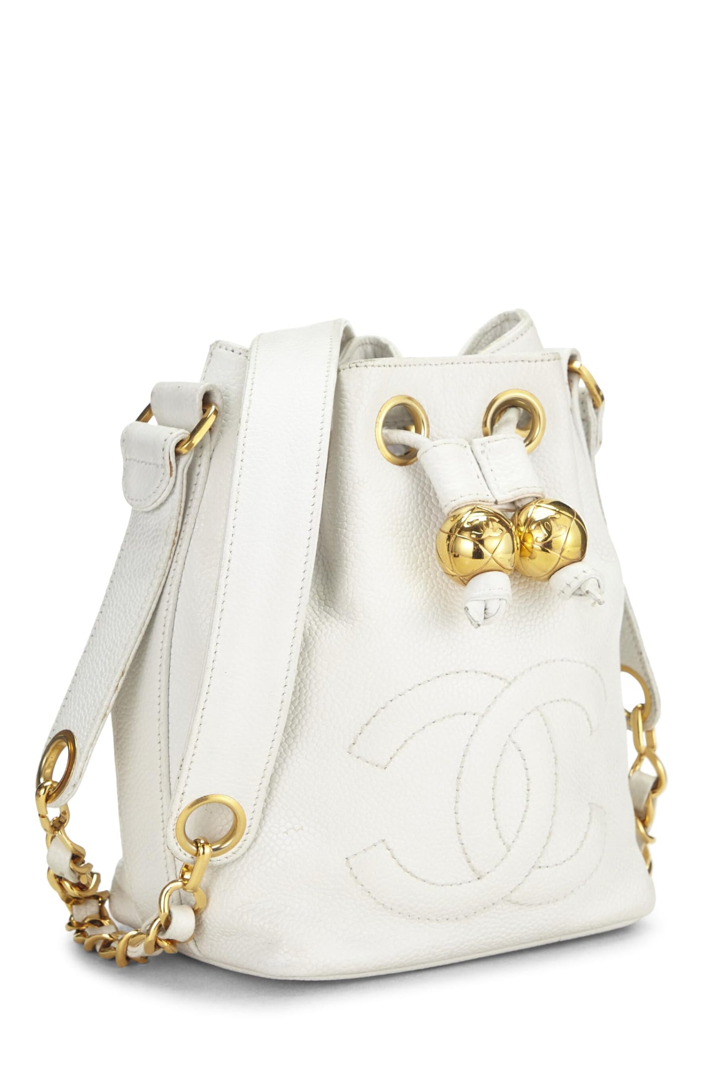 Chanel, Mini sac seau en caviar blanc d'occasion, blanc