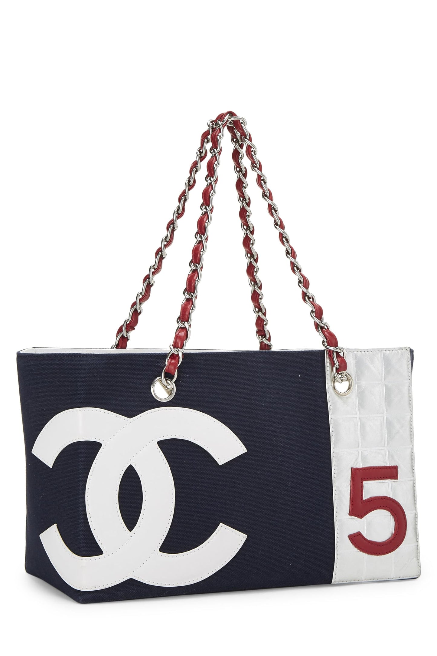 Chanel, Tote shopper metalizado No.5 de cuero y lona azul marino Pre-Loved, Azul marino