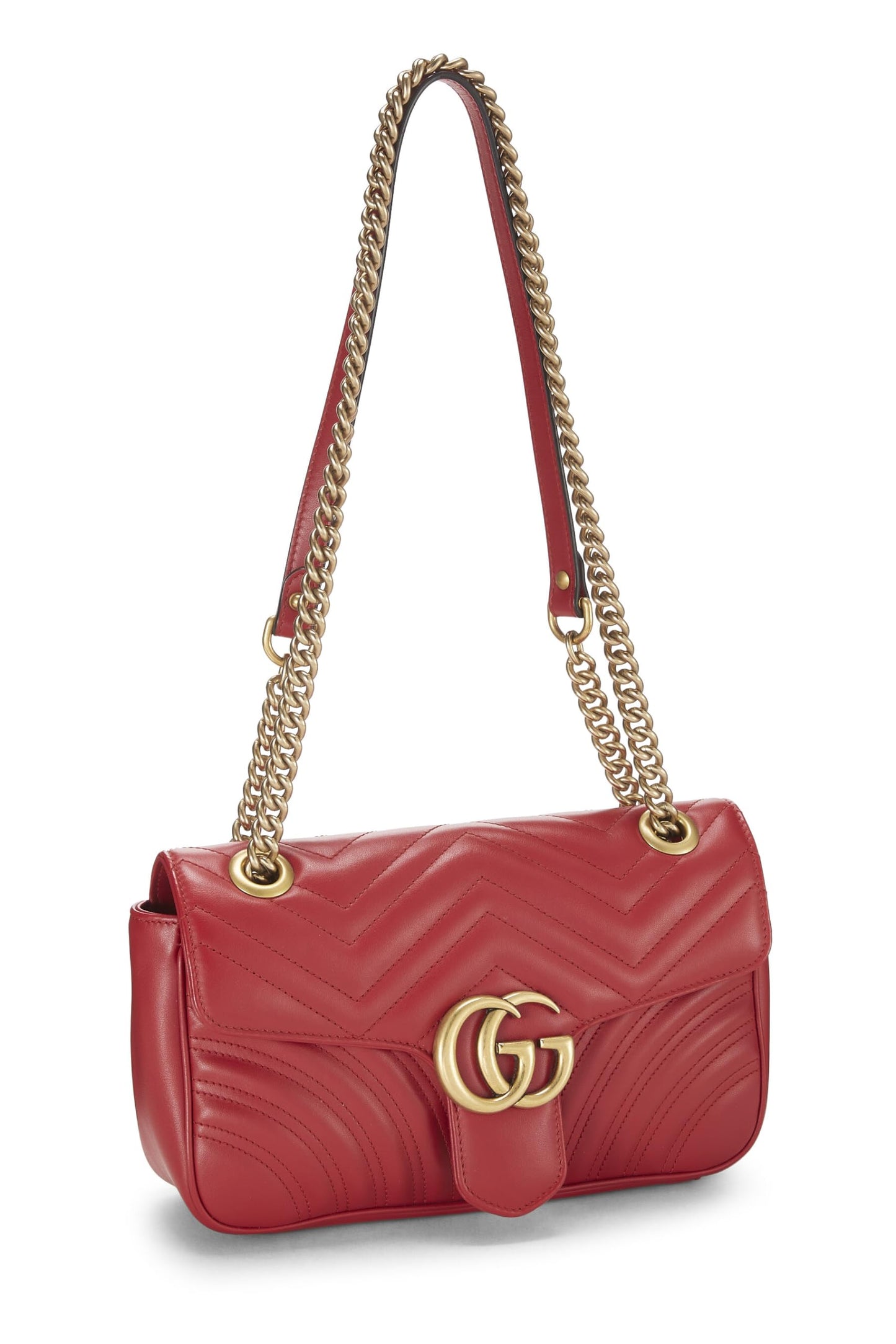 Gucci, Pre-Loved Red Leather GG Marmont Matelassé Shoulder Bag Small, Red