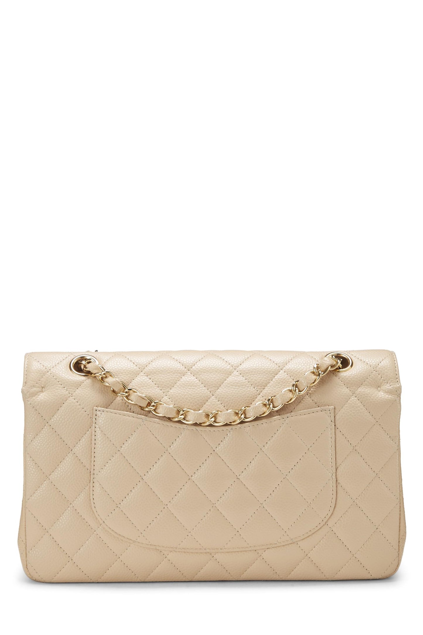 Chanel, sac à rabat double classique matelassé beige caviar d'occasion, taille M, beige