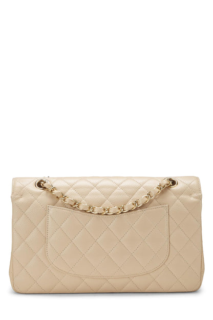 Chanel, sac à rabat double classique matelassé beige caviar d'occasion, taille M, beige