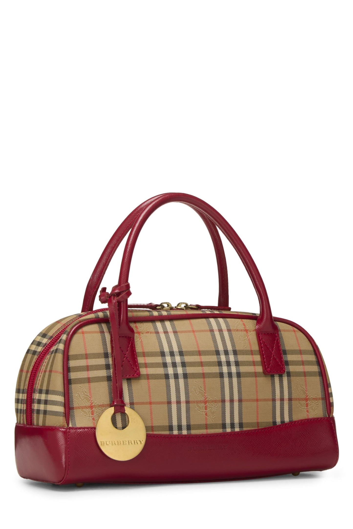 Burberry, sac à main Bowler Haymarket Check rouge d'occasion, petit, marron