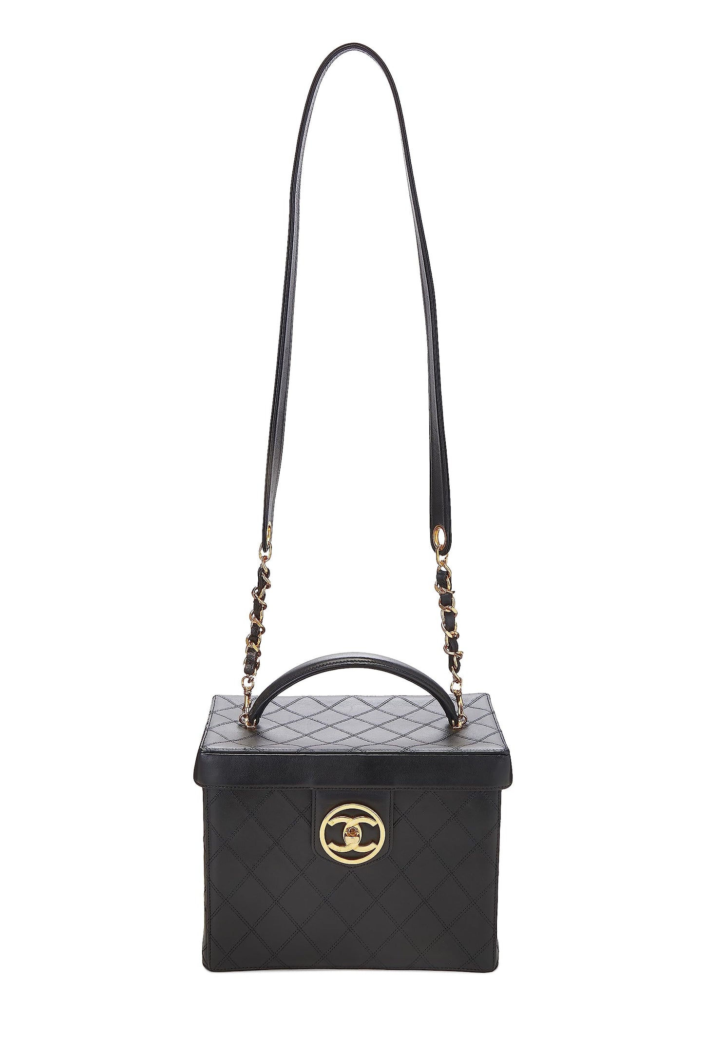 Chanel, Tocador grande 'CC' circular de piel de cordero negra Pre-Loved, Negro