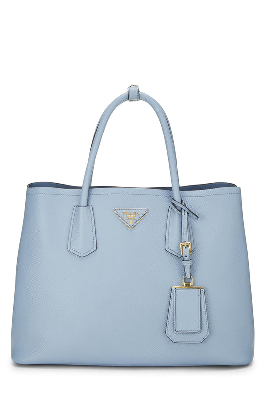 Prada, sac fourre-tout double taille moyenne en saffiano bleu d'occasion, bleu