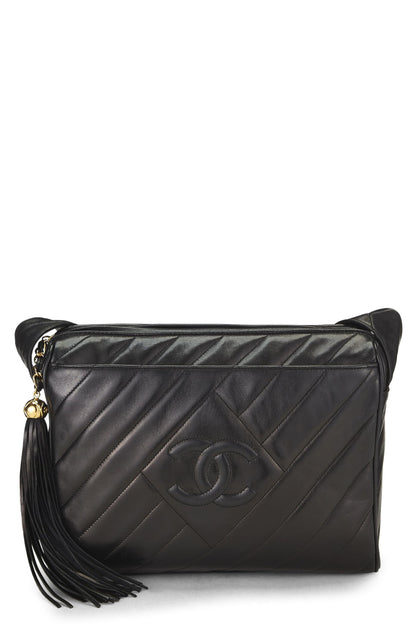 Chanel, sac photo « CC » en cuir d'agneau noir d'occasion, grand modèle, noir