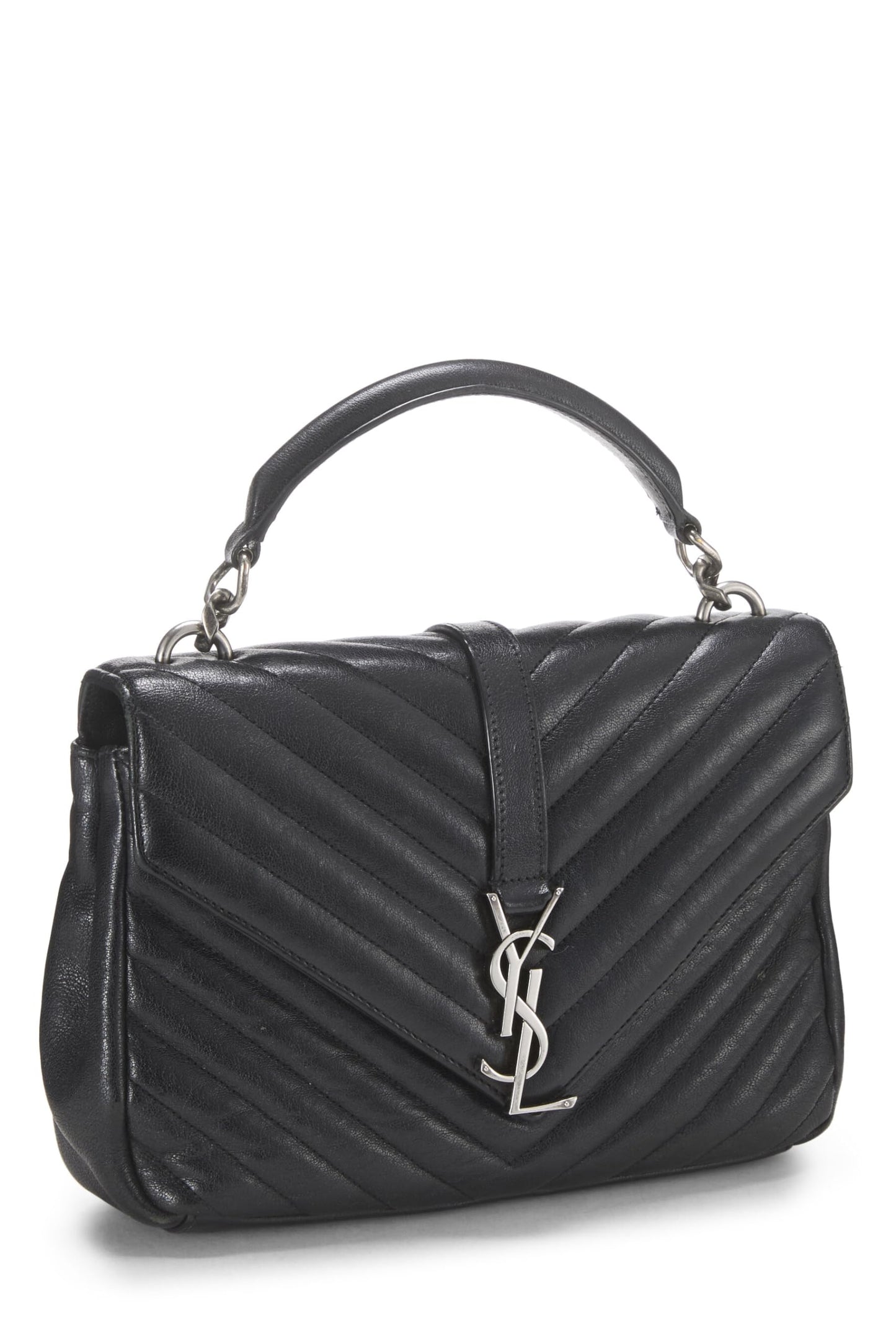 Yves Saint Laurent, College Medium en cuir à chevrons noirs d'occasion, noir