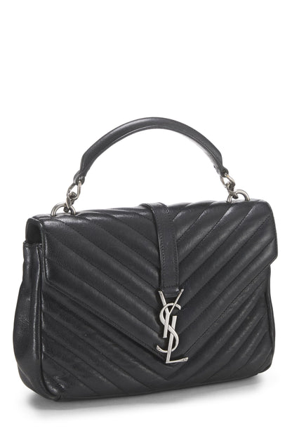 Yves Saint Laurent, College Medium en cuir à chevrons noirs d'occasion, noir