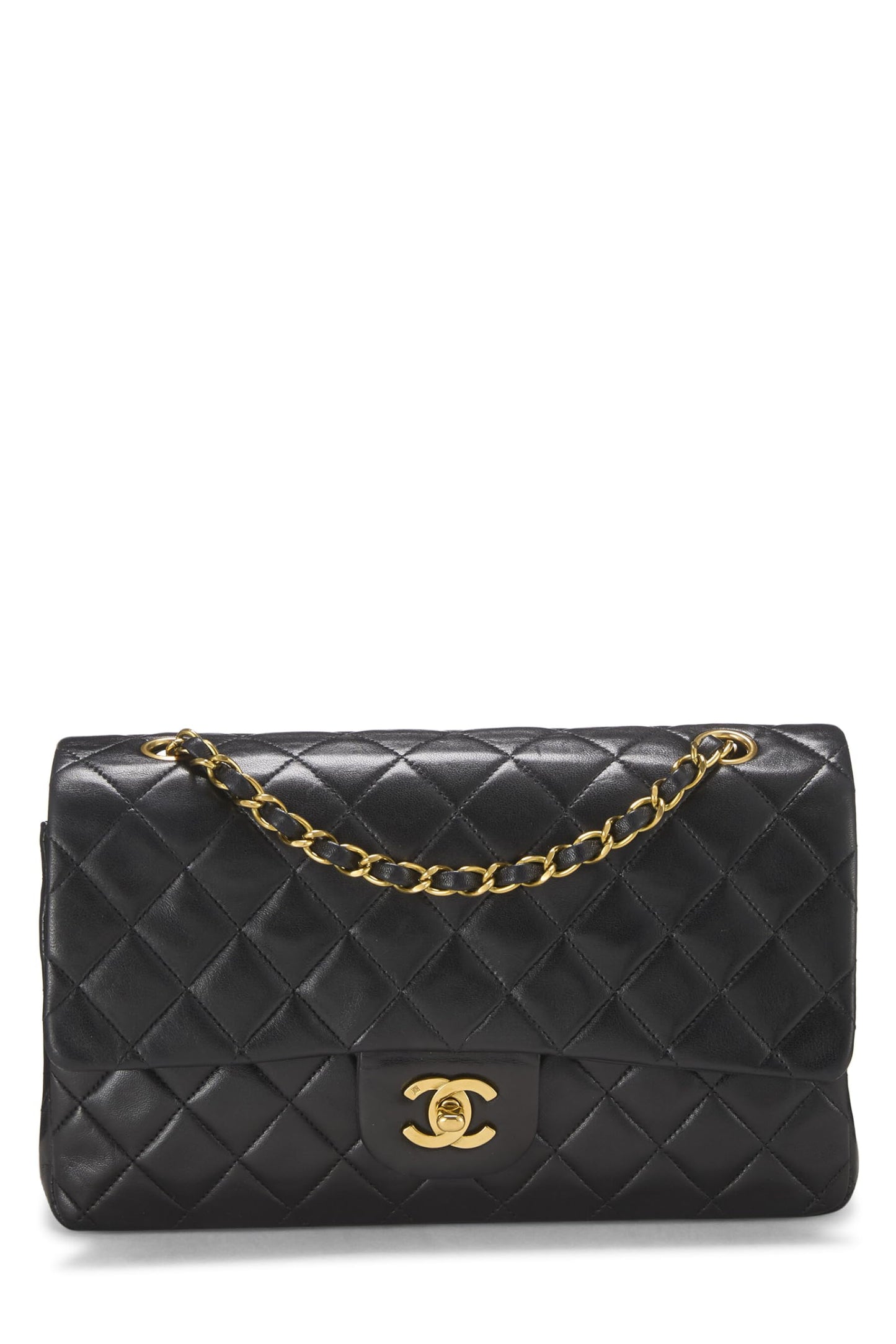 Chanel, Solapa doble clásica de piel de cordero acolchada negra Pre-Loved Mediana, Negro