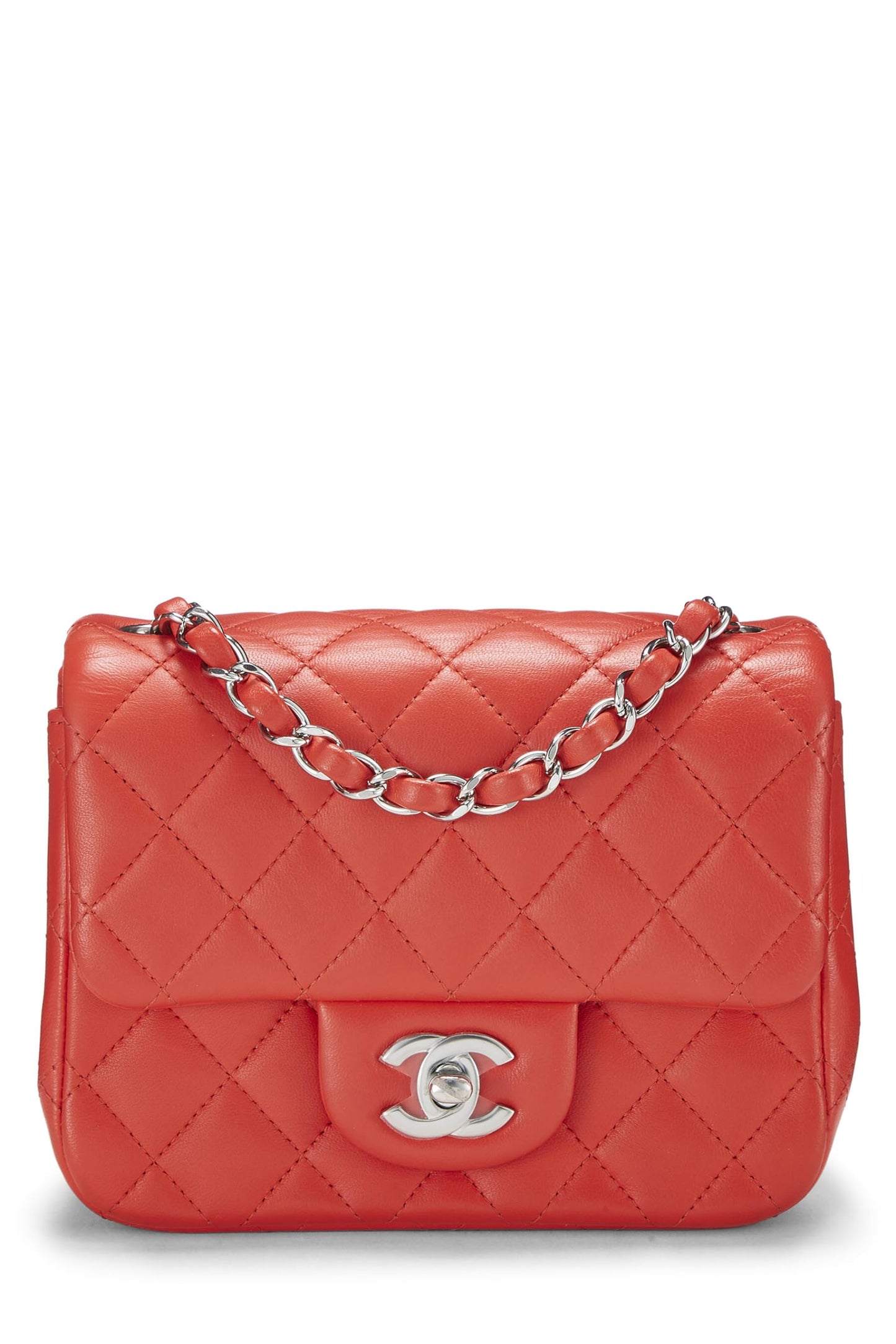 Chanel, Mini sac à rabat carré classique en cuir d'agneau matelassé rouge d'occasion, rouge