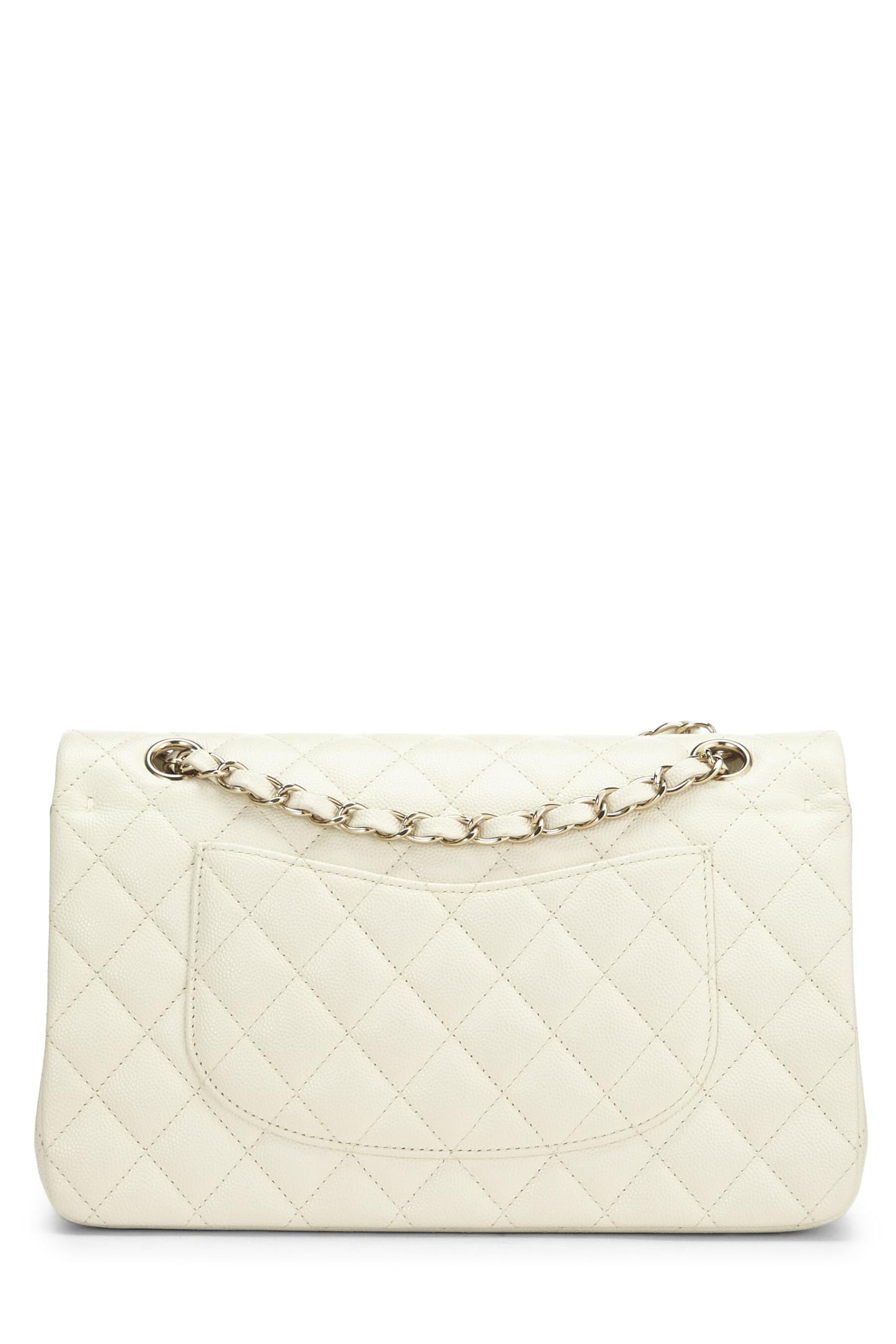 Chanel, sac à main matelassé à double rabat classique Caviar blanc d'occasion, taille M, blanc