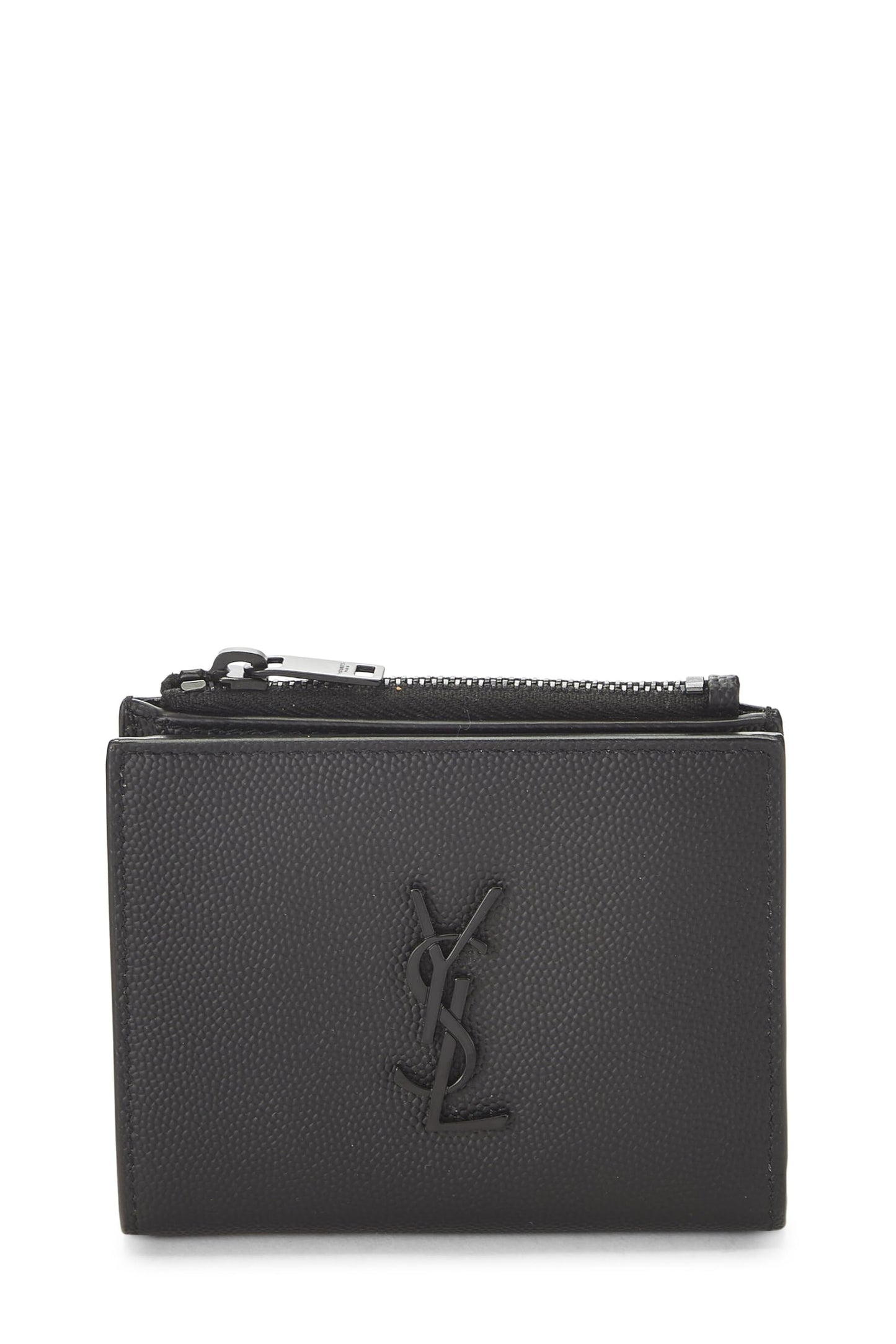 Yves Saint Laurent, portefeuille à deux volets en cuir grainé noir d'occasion, noir