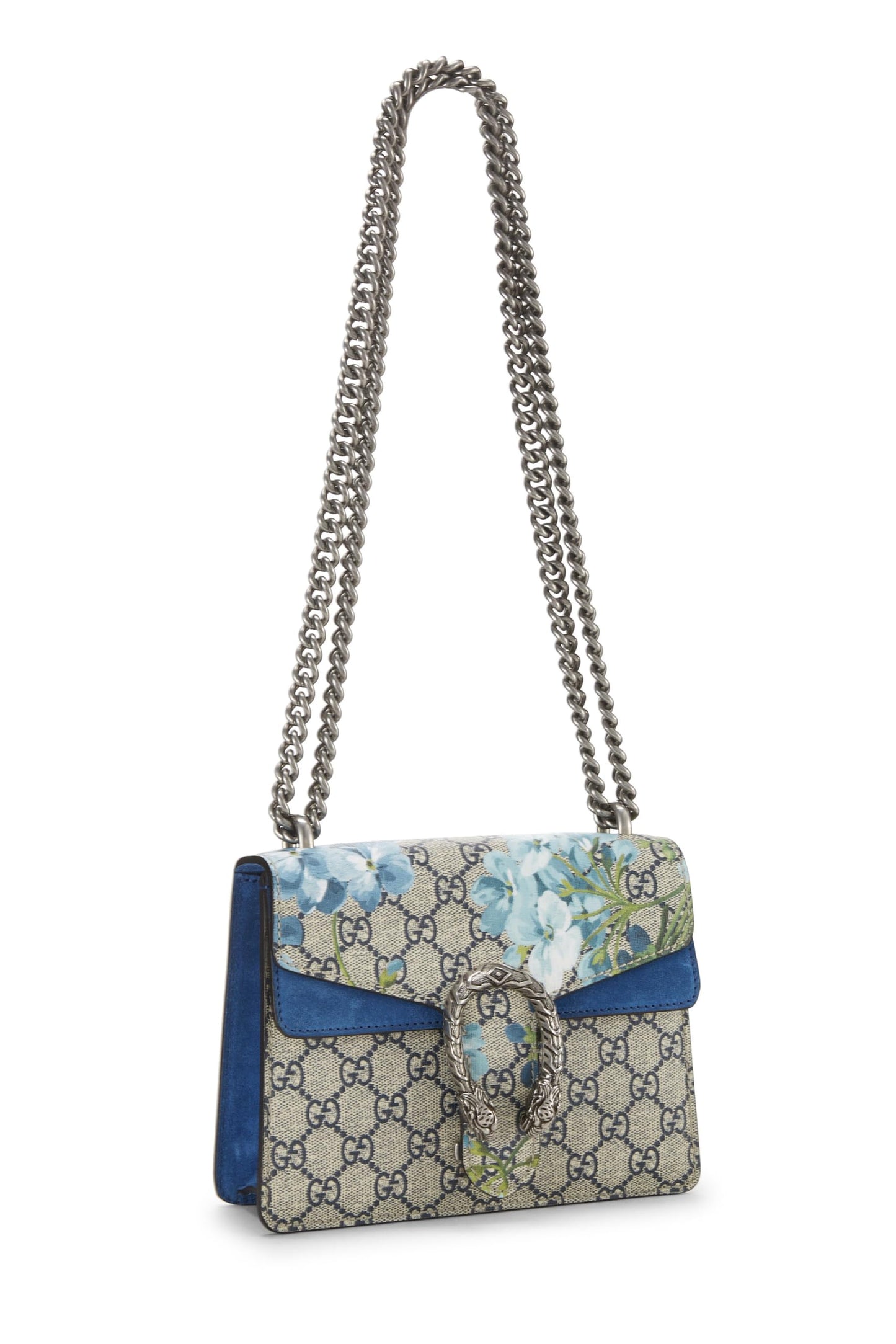 Gucci, sac à bandoulière Dionysus en toile suprême GG Blooms bleu d'occasion, mini, bleu