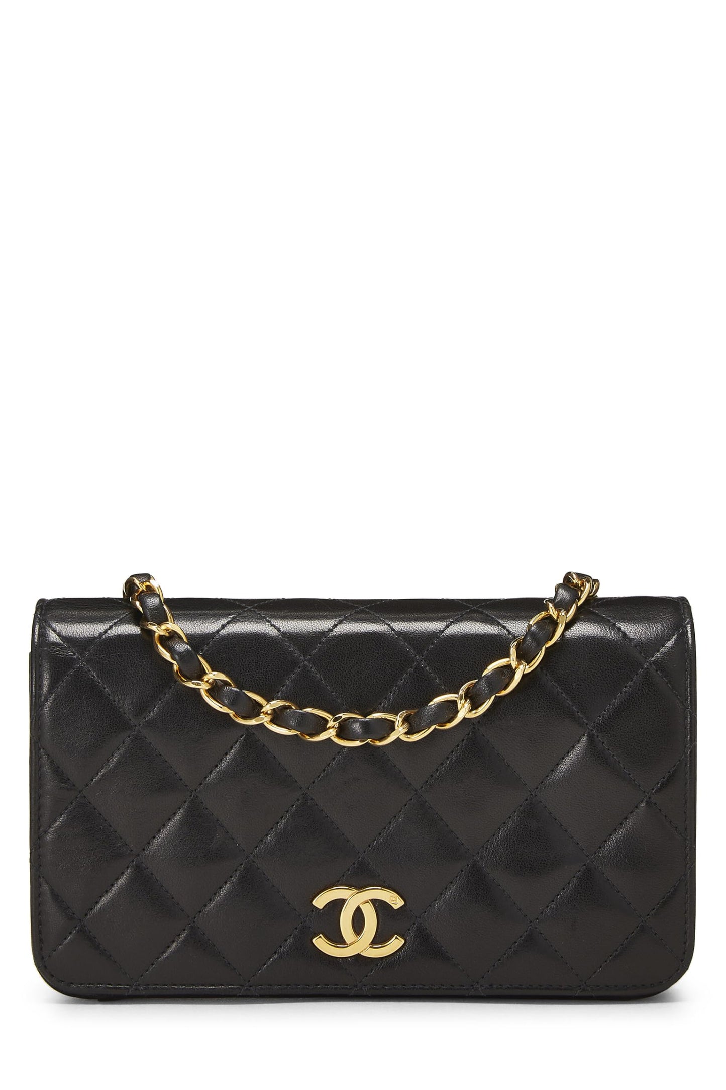 Chanel, Mini sac à rabat à pression en cuir d'agneau matelassé noir d'occasion, noir