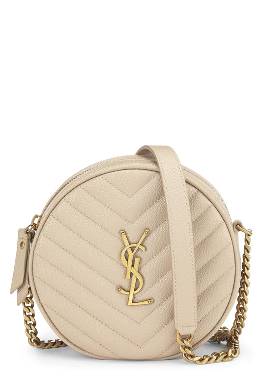 Yves Saint Laurent, sac à main rond en cuir grainé beige d'occasion, couleur crème