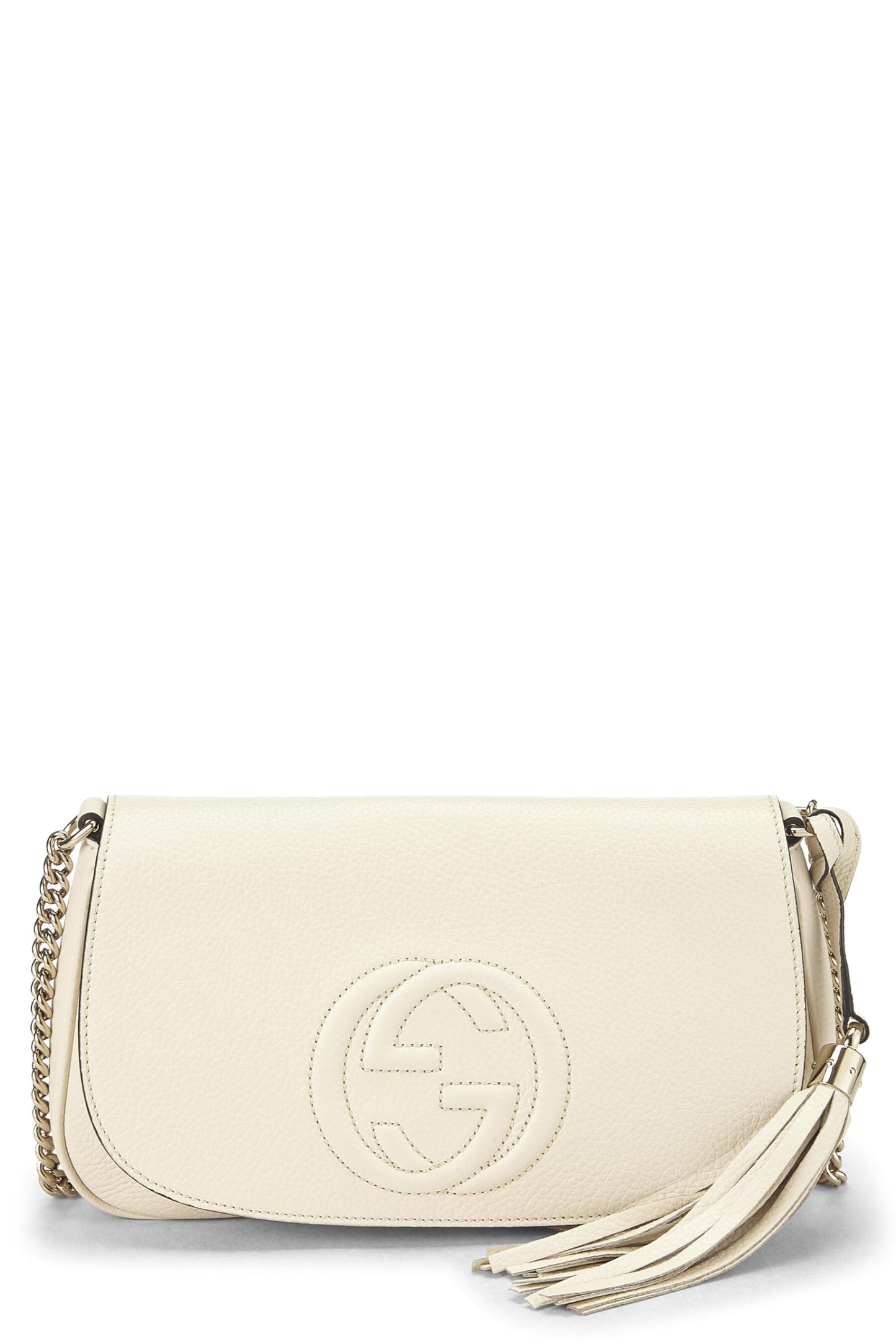 Gucci, sac à bandoulière Soho à rabat et chaîne en cuir grainé beige d'occasion, doré